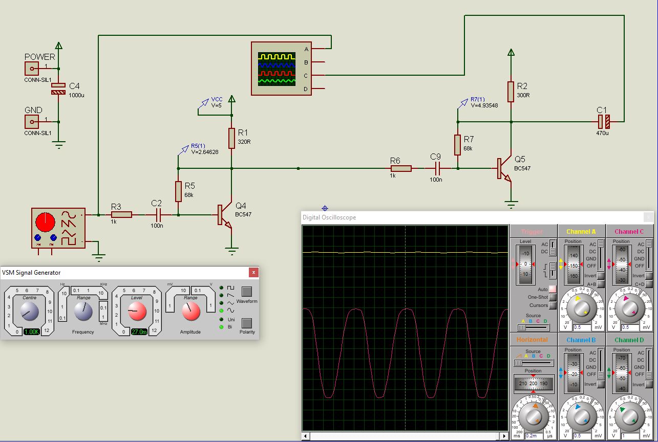 Transistor Amplifier Simulation in Proteus